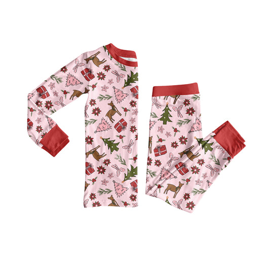 Preorder (moq 5)Baby Girls Long Sleeves Pink Bows Trees Deer Top Pant Pajamas Clothes Set