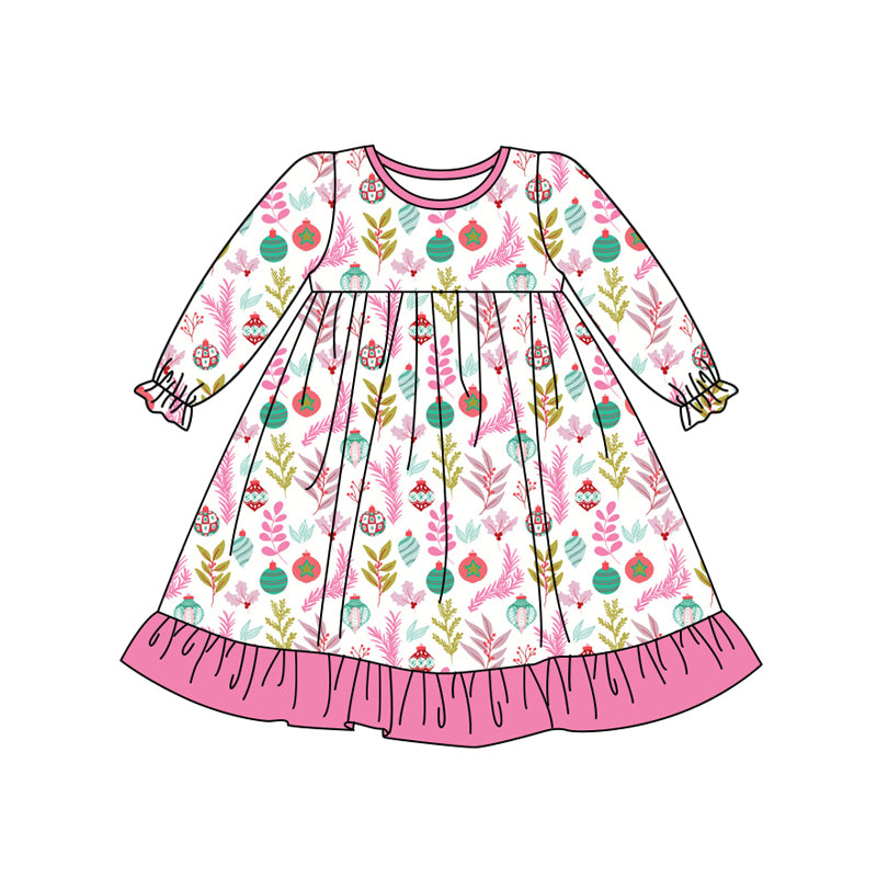 Preorder (moq 5)Baby Girls Long Ruffle Sleeves Pink Floral Lights Knee Length Dresses