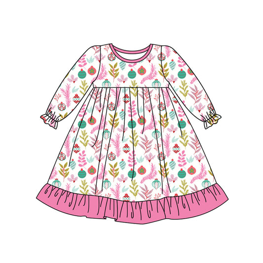 Preorder (moq 5)Baby Girls Long Ruffle Sleeves Pink Floral Lights Knee Length Dresses