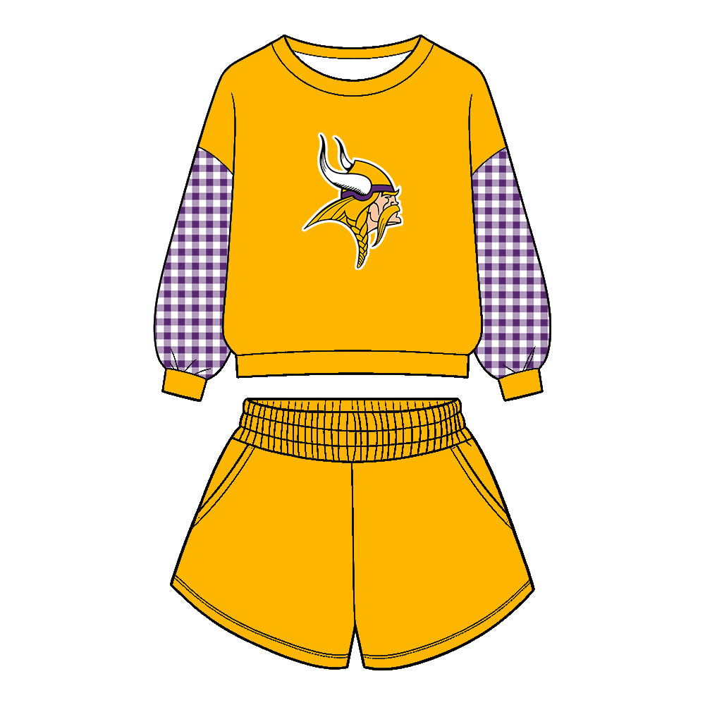 Preorder (moq 5)Baby Boys Yellow Long Sleeve Vikings Top Pockets Short Team Clothes Set