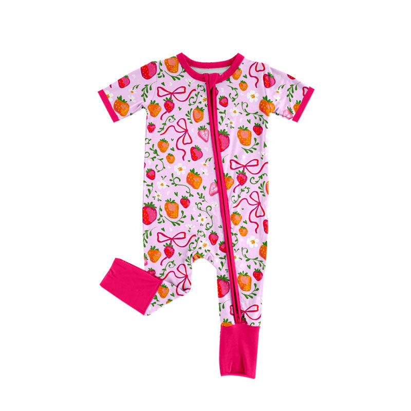 Preorder(moq 8)Baby Girls Bows Strawberry Flowers Short Sleeve Zipper Footie Rompers