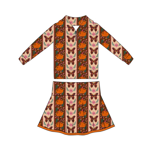 Preorder (moq 5)Baby Girls Butterfly Pumpkins Zip Pullovers Pleated Skirt Short Fall Clothes Sets