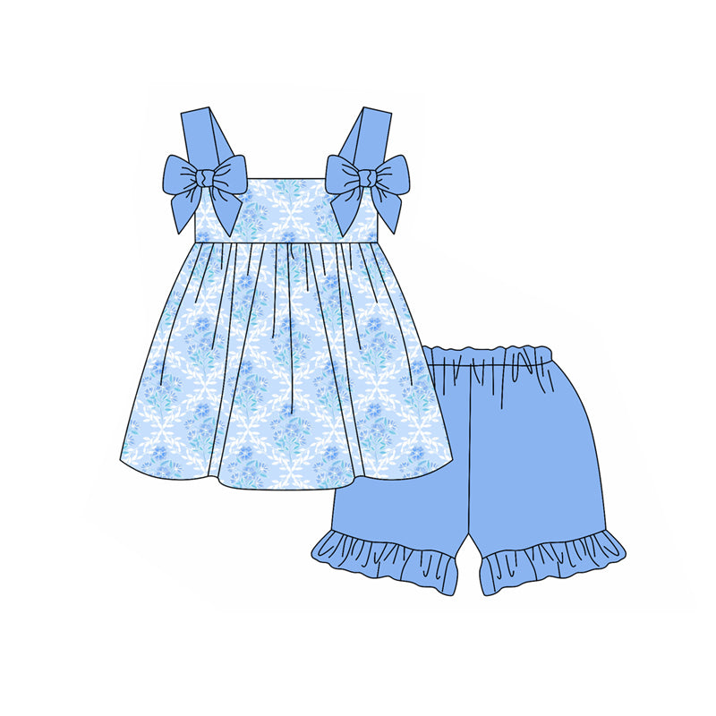 Preorder moq 5 Baby Girls Blue Strap Floral Plaid Tunic Ruffle Short Set