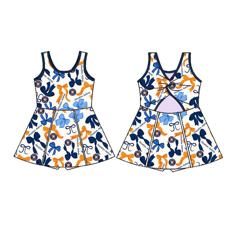 Preorder (moq 5)Baby Girls Blue Orange Bows Plaid Houston Astros Short Team Knee Length Dresses