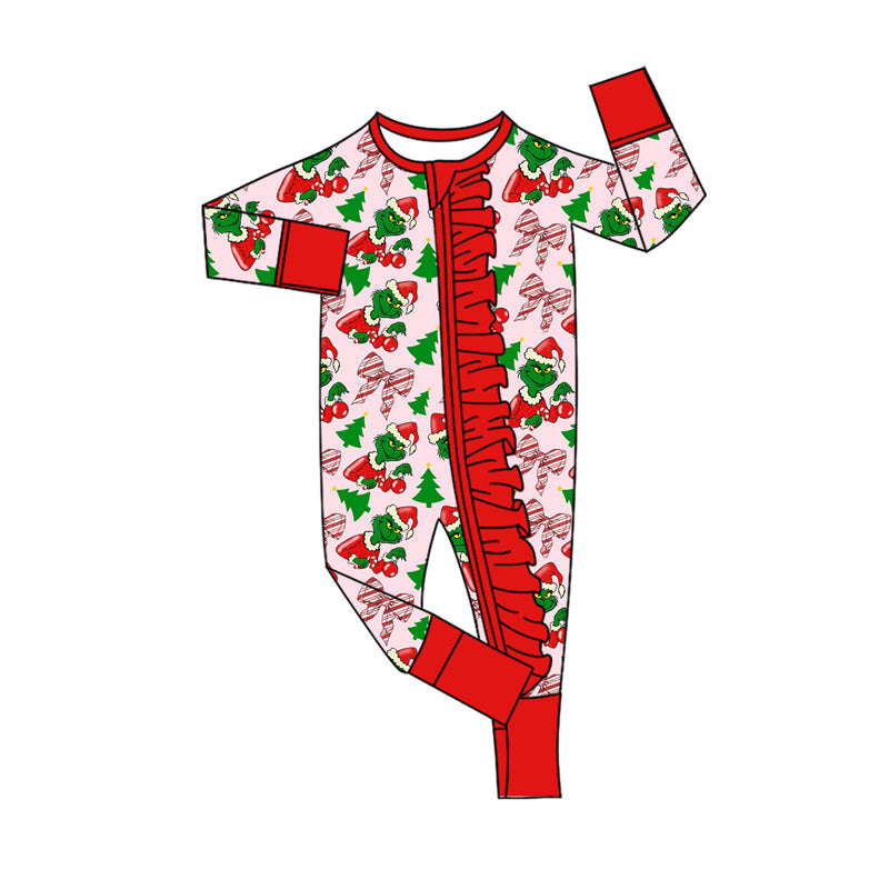 Preorder(moq 5)Baby Girls Green Faces Bows Plaid Christmas Ruffle Zipper Footie Rompers