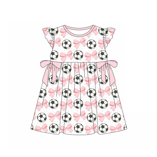 Preorder (moq 5)Baby Girls Pink Flutter Sleeves Bows Footballs Knee Length Dresses