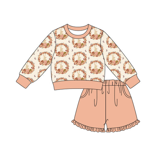 Preorder (moq 5) Baby Girl Clothes Wreath Bunny Floral Allover Print Long Sleeve Top Ruffle Shorts Set