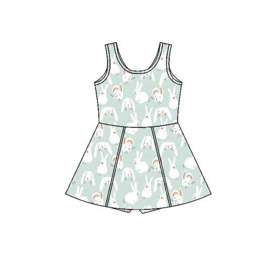 Preorder (moq 5)Baby Girls Blue Rabbits Plaid Easter Shorts Knee Length Dresses