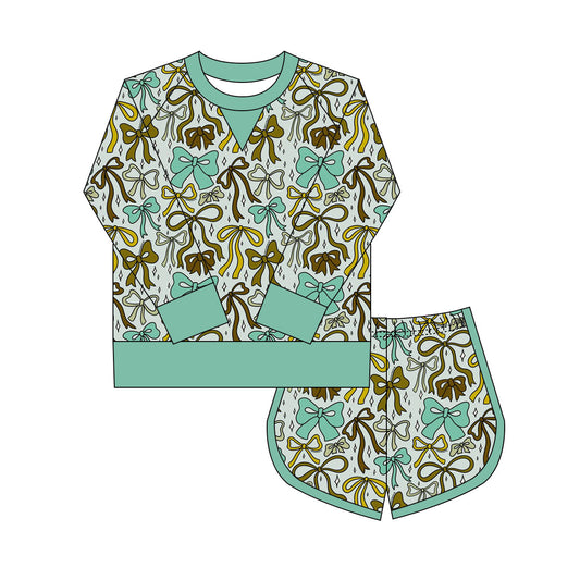 Preorder(moq 8)Baby Girls Green Brown Bows Plaid Long Sleeve Top Shorts Clothes Set