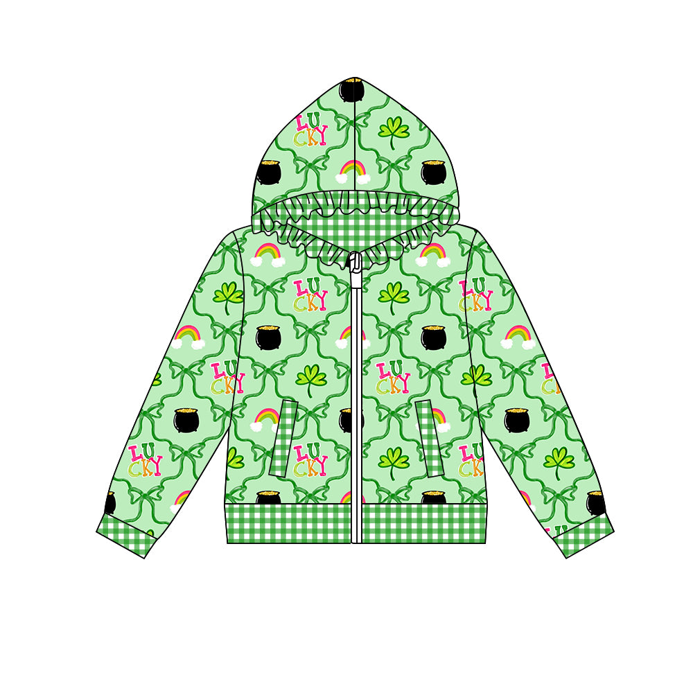 Preorder (moq 5) Baby Girl Clothes Lucky Rainbow Pot Of Gold Print Long Sleeve Ruffle Zip Hooded Jacket