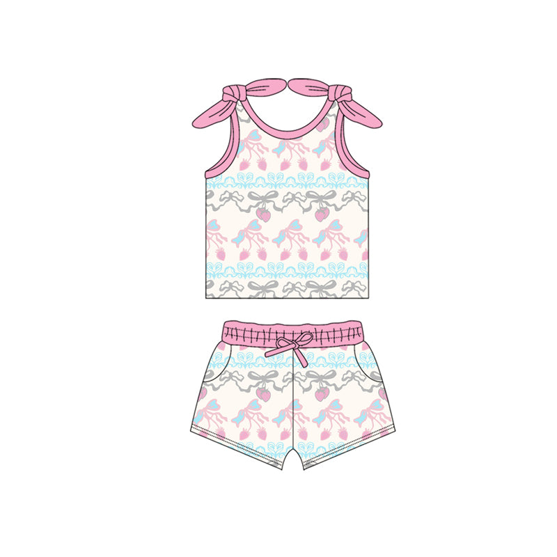 Preorder moq 5 Baby Girls Bows Sleeveless Bows Strawberry Top Pockets Short Set