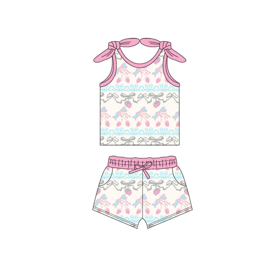 Preorder moq 5 Baby Girls Bows Sleeveless Bows Strawberry Top Pockets Short Set