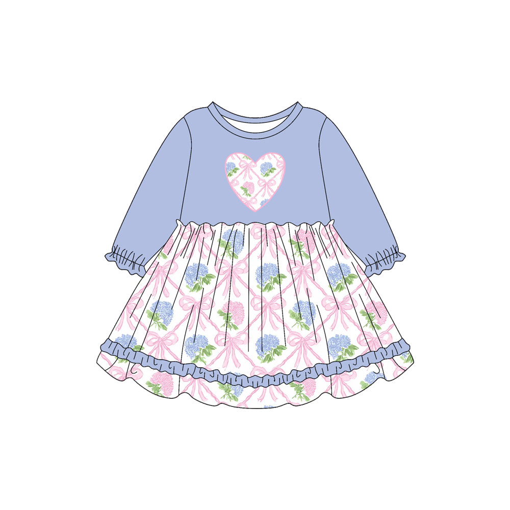 Preorder (moq 5)Baby Girls Lavender Long Ruffle Sleeves Bows Flowers Hearts Knee Length Dresses