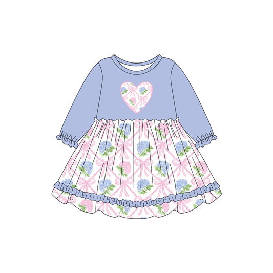 Preorder (moq 5)Baby Girls Lavender Long Ruffle Sleeves Bows Flowers Hearts Knee Length Dresses