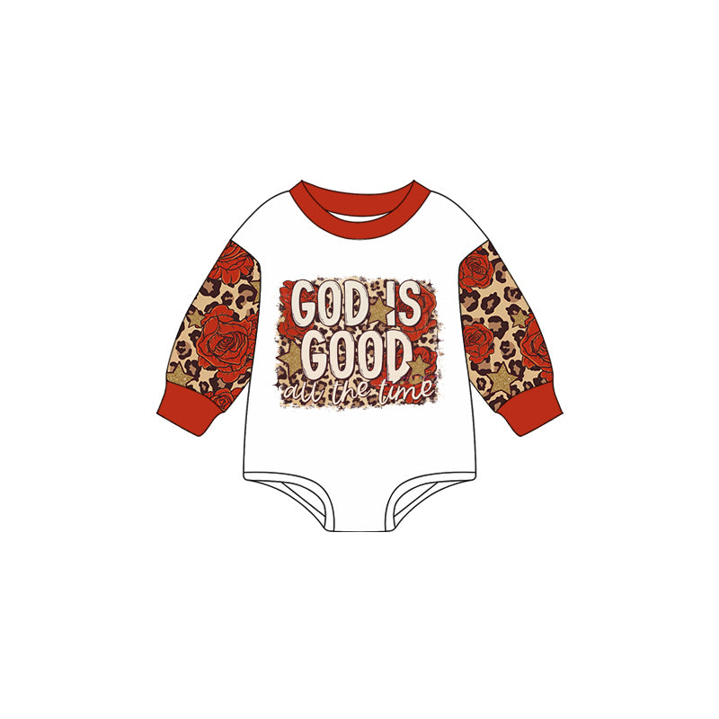 Preorder moq 5 Baby Boys Long Sleeves Leopard Roses God Is Good Rompers