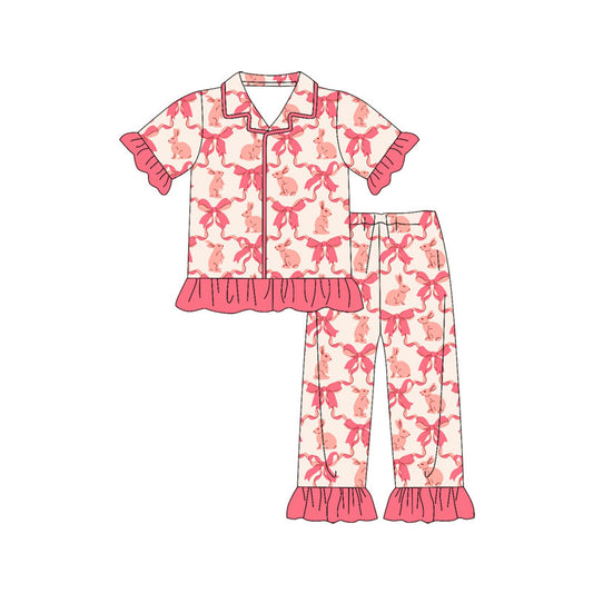 Preorder(moq 8)Baby Girls Bows Rabbits Checked Button Top Ruffle Pants Easter Pajamas Sets