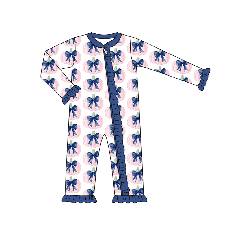 Preorder (moq 5)Baby Girls Long Sleeves Blue Bows Pumpkins Plaid Ruffle Zipper Romper