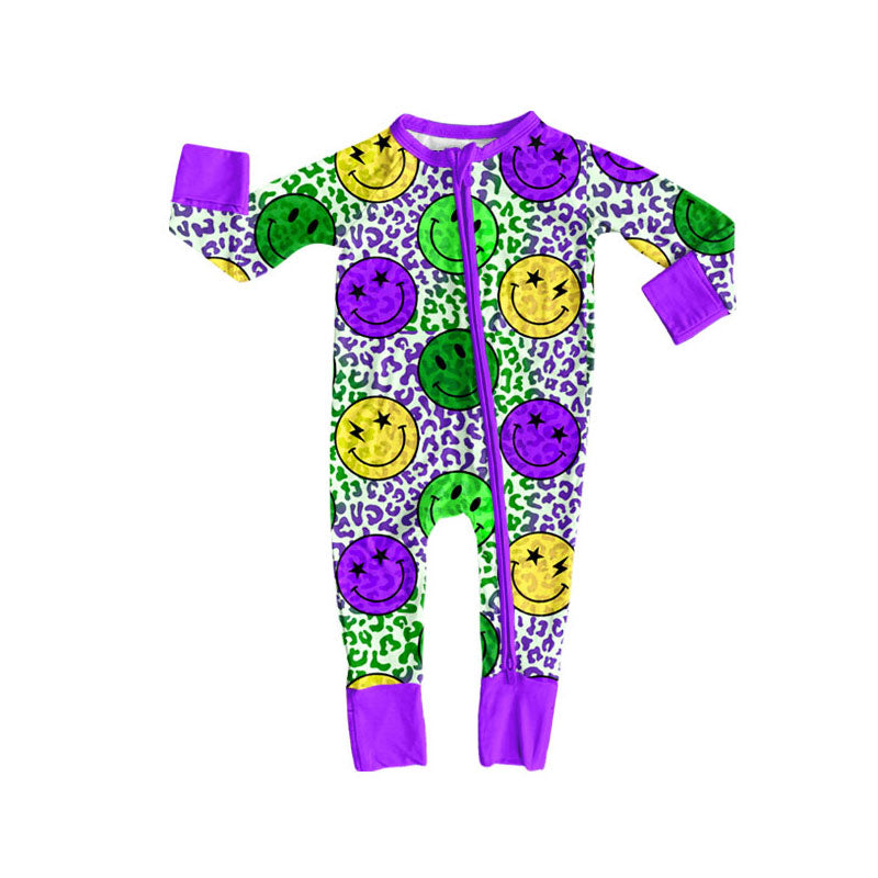 Preorder (moq 5)Baby Boys Mardi Gras Purple Yellow Green Leopard Zipper Footie Rompers