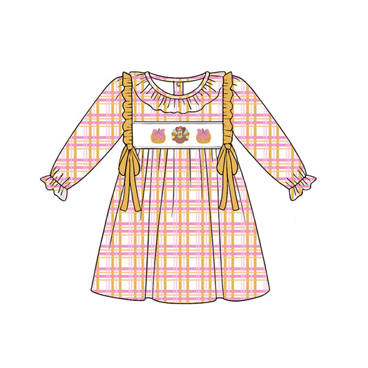 Preorder (moq 5)Baby Girls Pink Checked Pumpkins Turkey Thanksgiving Knee Length Dresses