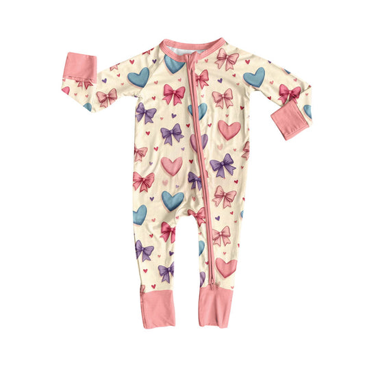 Preorder (moq 8)Baby Girls Long Sleeve Colorful Bows Hearts Zipper Footie Rompers