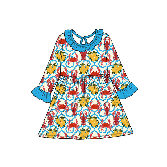 Preorder(moq5) Baby Girl Clothes Crab Lemon Quatrefoil Print Long Sleeve Ruffle Twirl Dress