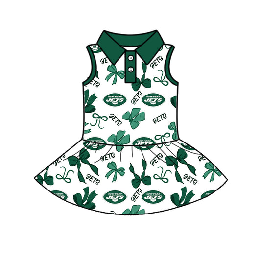 Preorder (moq 5)Baby Girls Green Sleeveless Bows Plaid Jets Button Team Knee Length Dresses