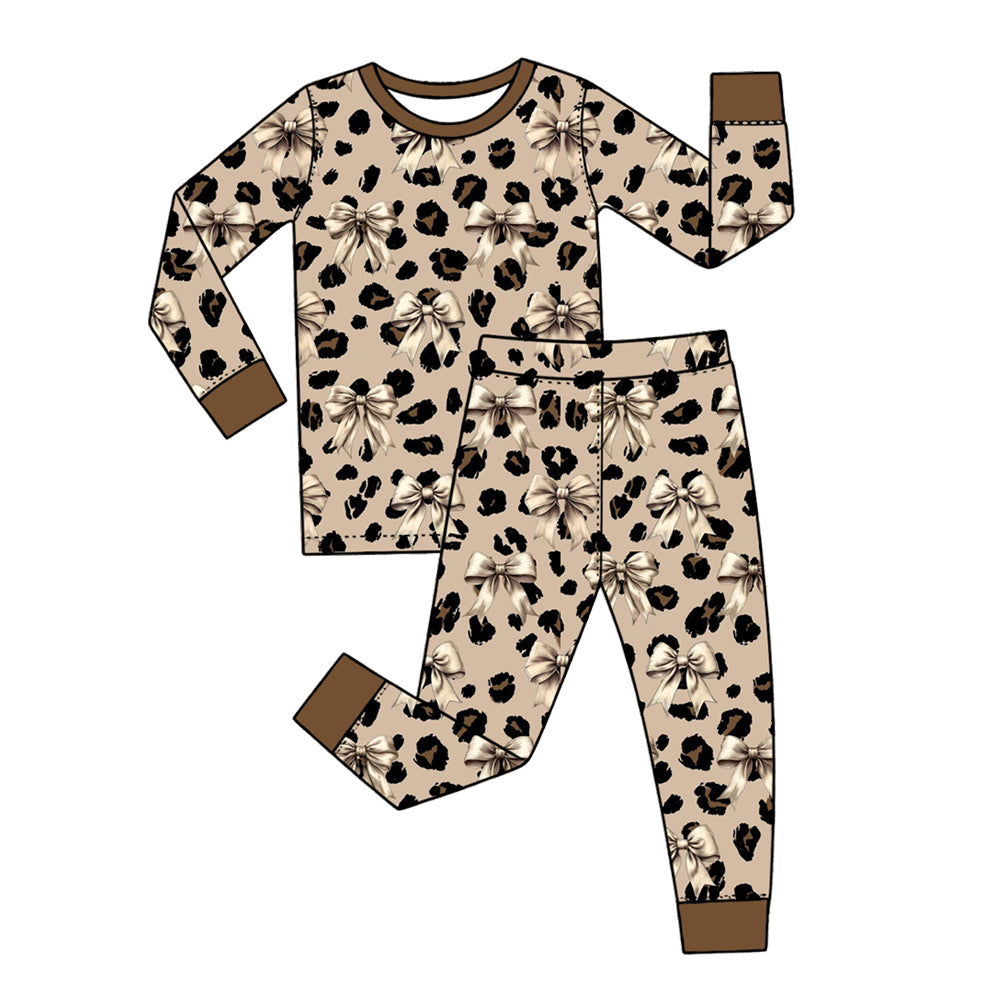 Preorder (moq 5) Baby Girl Clothes Beige Leopard Big White Bow Print Long Sleeve Top Pants Pajama Set