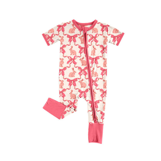Preorder (moq 8)Baby Girls Pink Bows Rabbits Checked Easter Zipper Footie Rompers