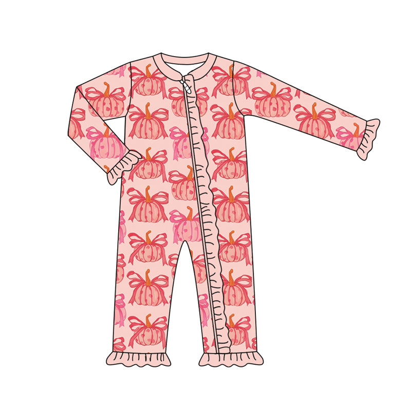 Preorder (moq 5)Baby Girls Long Sleeves Peach Bows Pumpkins Plaid Ruffle Zipper Romper