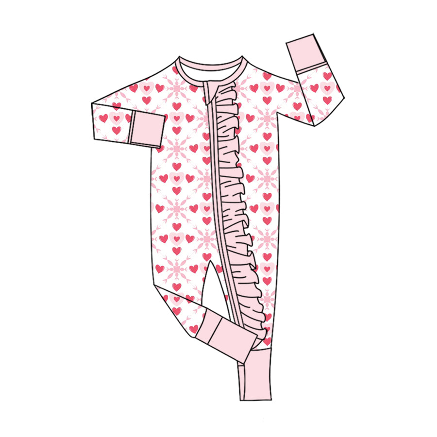 Preorder (moq 5) Baby Girl Clothes Soft Pink Heart Floral Mixed Print Long Sleeve Ruffle Zipper Romper