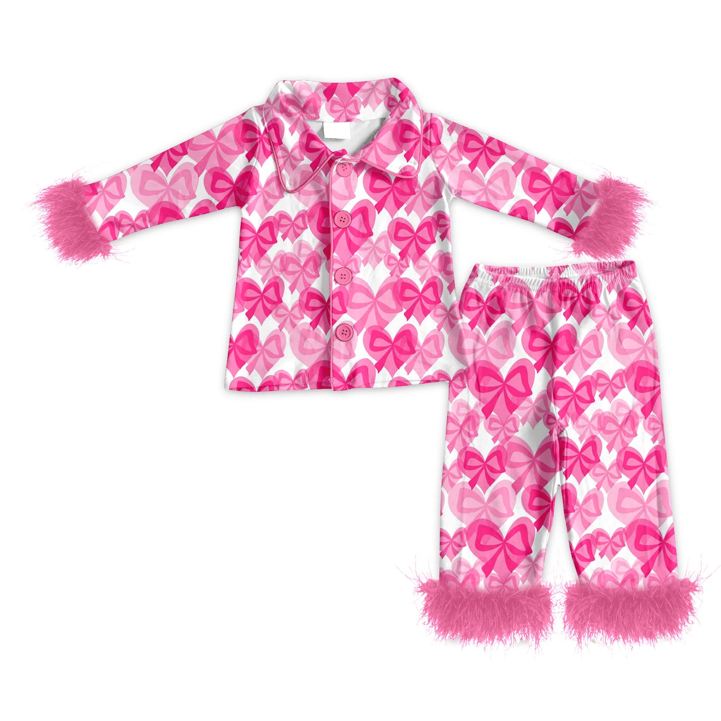 Preorder (moq 5)Baby Girls Pink Bows Hearts Button Top Pants Valentines Fur Sleeve Pajamas Sets