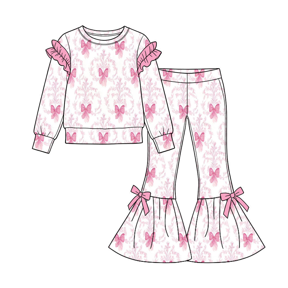 Preorder (moq 5) Baby Girl Clothes Pink Bow Damask Mixed Print Long Sleeve Flare Pant Set
