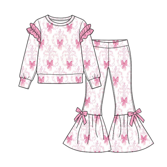 Preorder (moq 5) Baby Girl Clothes Pink Bow Damask Mixed Print Long Sleeve Flare Pant Set