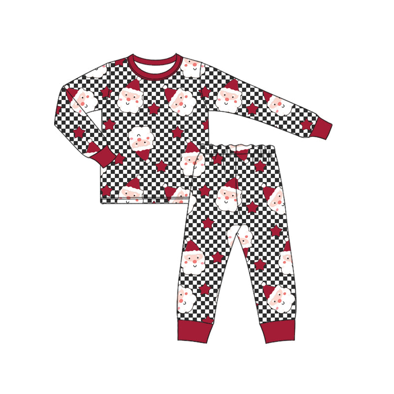 Preorder (moq 5)Baby Girls Long Sleeves Black Plaid Red Santa Stars Top Pant Pajamas Set