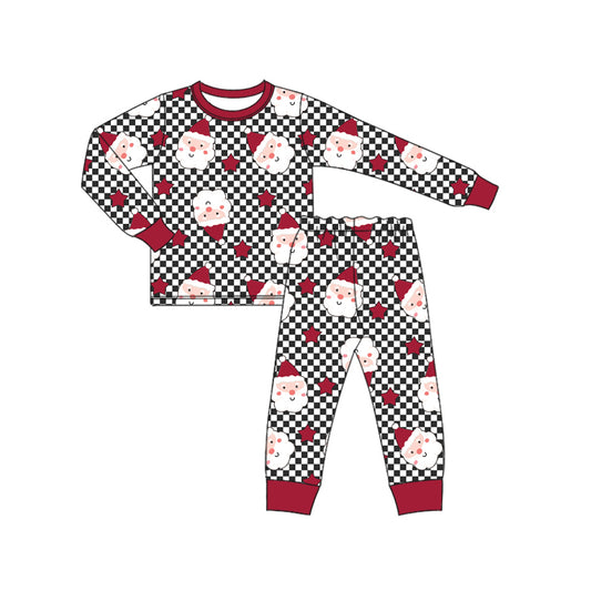 Preorder (moq 5)Baby Girls Long Sleeves Black Plaid Red Santa Stars Top Pant Pajamas Set