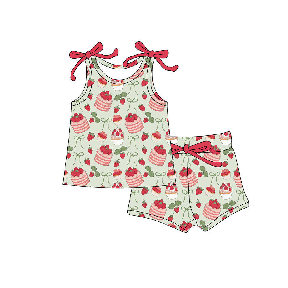 Preorder (moq 5)Baby Girls Sleeveless Strawberry Cakes Top Short Clothes Sets