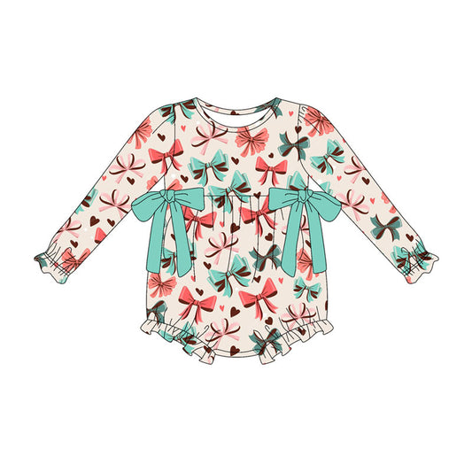 Preorder (moq 8)Baby Girls Colorful Hearts Bows Valentine Ruffle Rompers