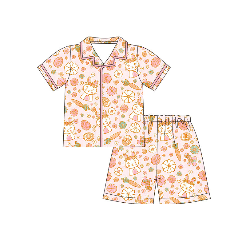 Preorder (moq 5)Baby Girls Rabbits Carrots Flowers Button Top Shorts Easter Pajamas Sets
