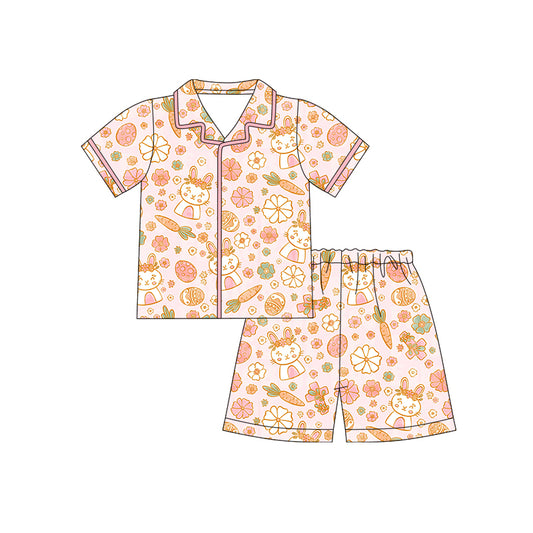 Preorder (moq 5)Baby Girls Rabbits Carrots Flowers Button Top Shorts Easter Pajamas Sets