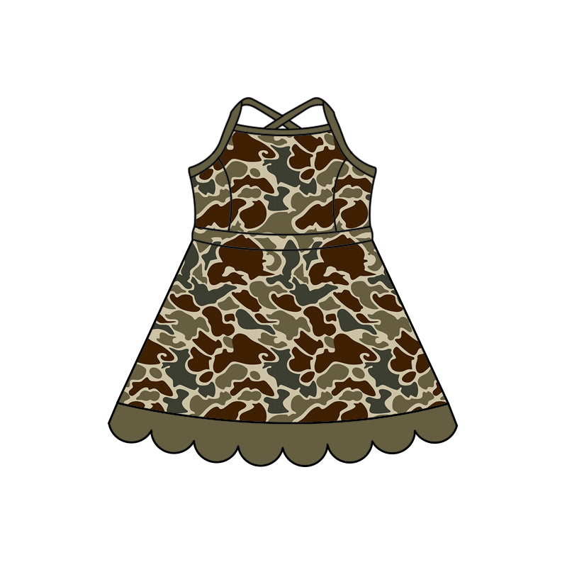 Preorder (moq 5)Baby Girls Strap Southern Dark Khaki Camo Scallop Knee Length Dresses