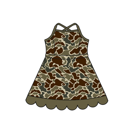 Preorder (moq 5)Baby Girls Strap Southern Dark Khaki Camo Scallop Knee Length Dresses