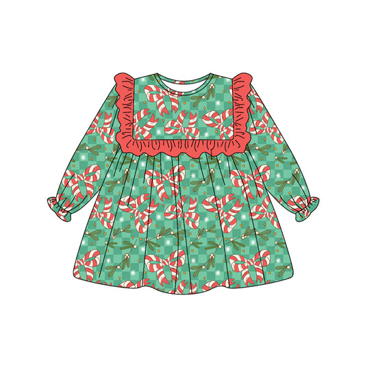 Preorder(moq 5) Baby Girls Holly Plaid Candy Cane Bows Christmas Knee Length Dresses