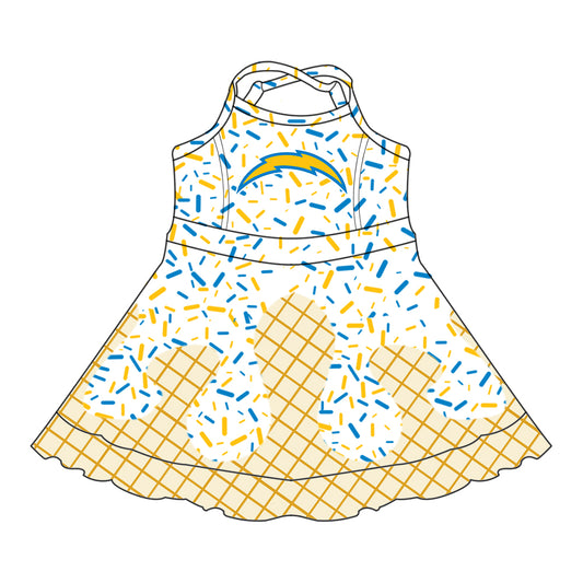 Preorder (moq 5)Baby Girls Strap Drip Yellow Lights Shorts Ruffle Team Knee Length Dresses