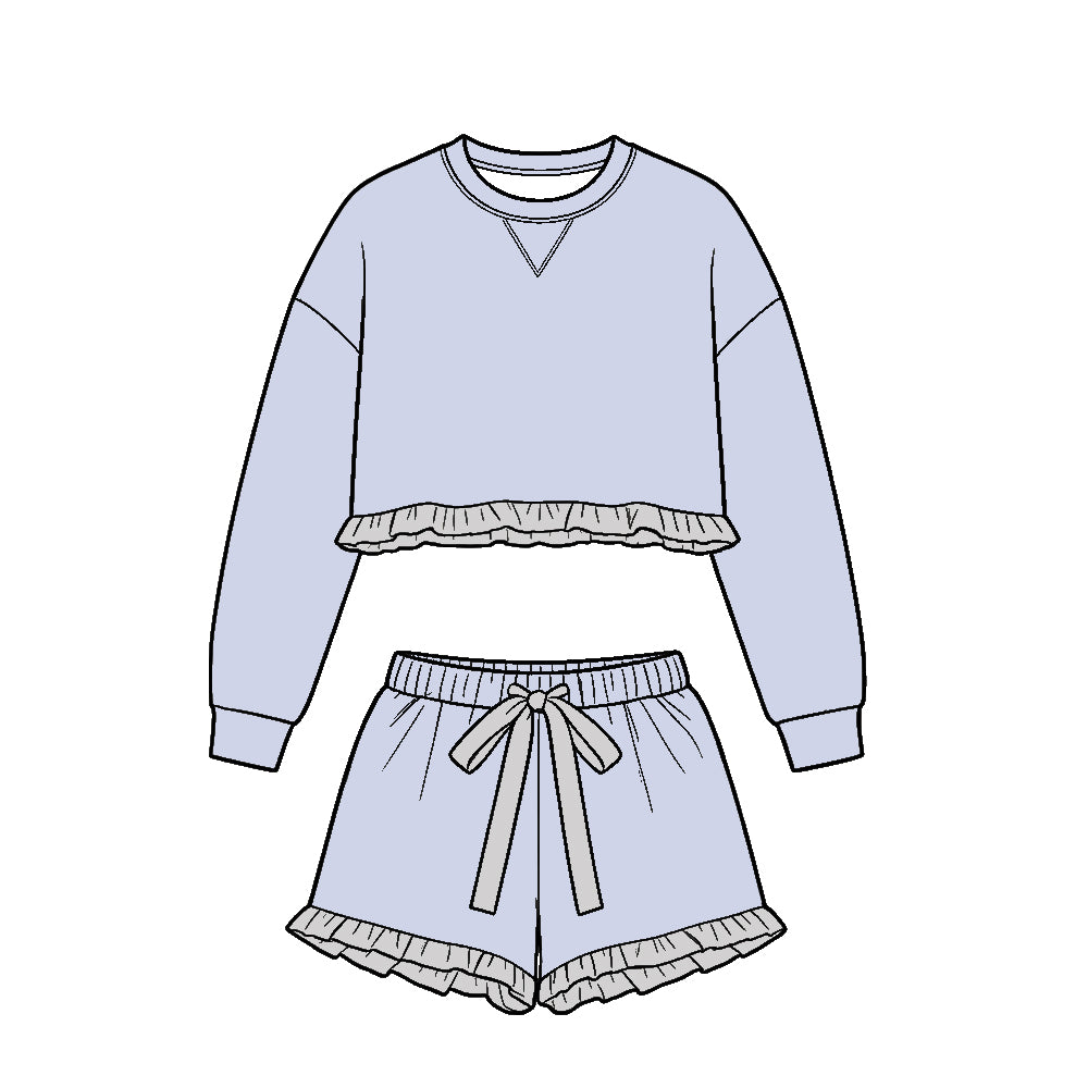 Preorder (moq 5)Baby Girls Lavender Long Sleeve Top Ruffle Short Clothes Set
