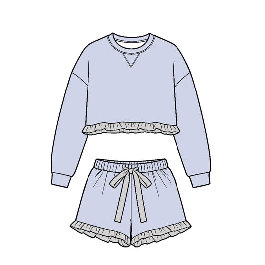 Preorder (moq 5)Baby Girls Lavender Long Sleeve Top Ruffle Short Clothes Set