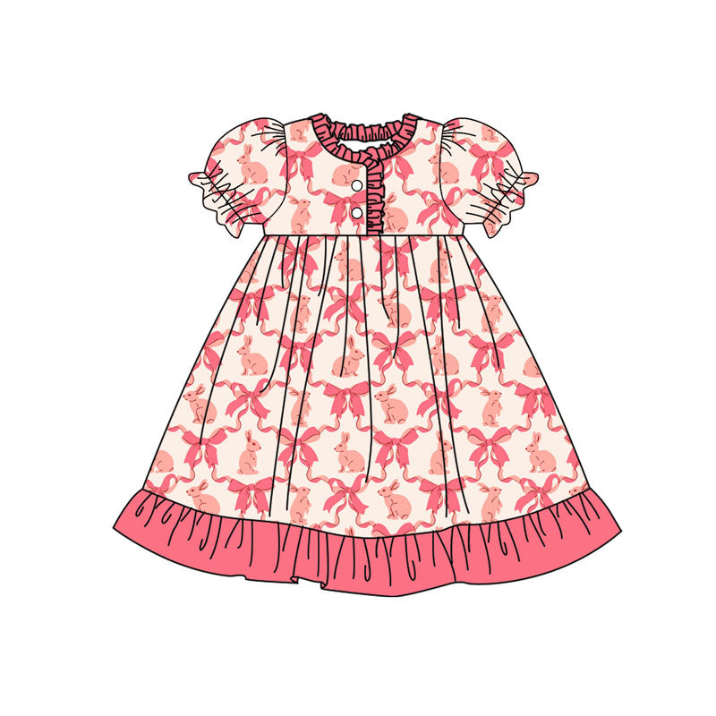 Preorder(moq 8)Baby Girls Pink Bows Rabbits Checked Easter Button Ruffle Knee Length Dress