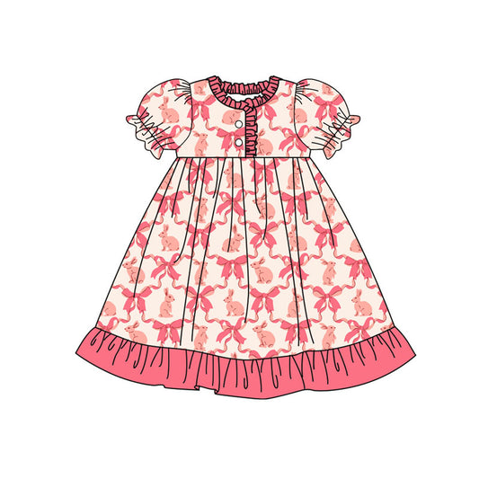 Preorder(moq 8)Baby Girls Pink Bows Rabbits Checked Easter Button Ruffle Knee Length Dress