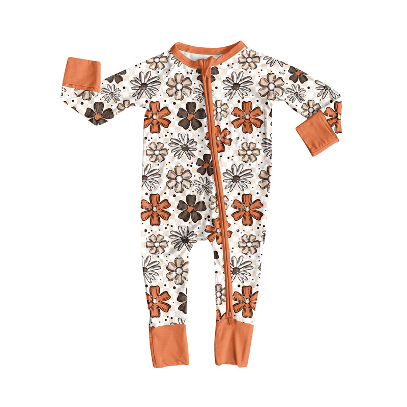 Preorder (moq 5)Baby Girls Long Sleeves Daisy Flowers Plaid Zipper Romper