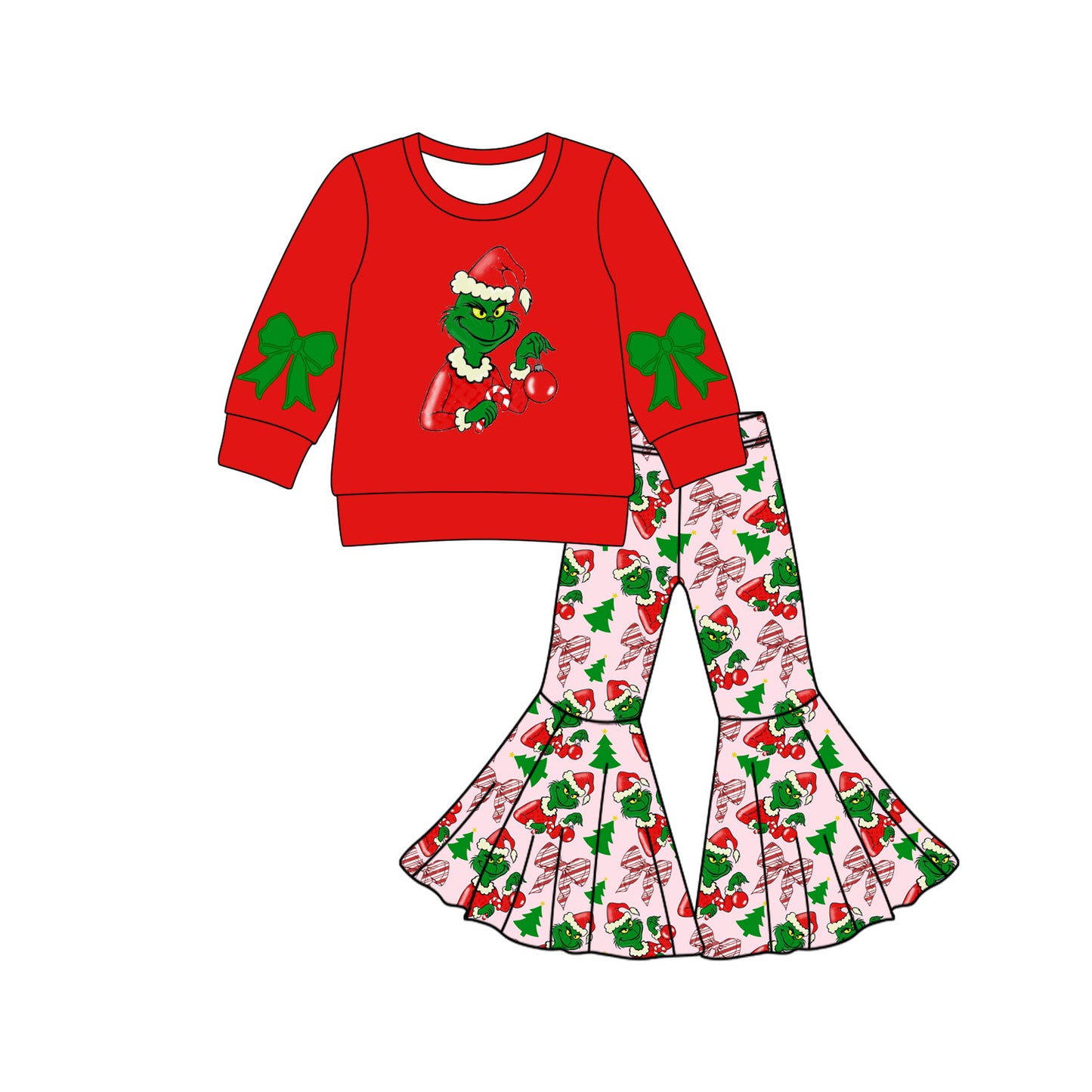 Preorder (moq 5)Baby Girls Green Face Top Bell Bottom Pants Christmas Clothes Set
