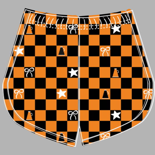Preorder (moq 5)Baby Girls Orange Black Checked Cheer Team Shorts Bottoms